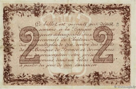 Реверс банкноты 2 франка - Торговая палата Шатору (Франция) 1915 года
