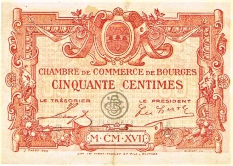 Аверс банкноты 50 centymów – Izba Handlowa w Bourges (Francja) 1917
