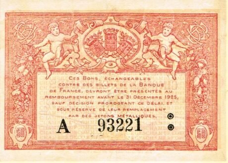 Реверс банкноты 50 centymów – Izba Handlowa w Bourges (Francja) 1917
