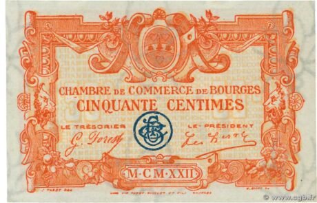 Аверс банкноты 50 centymów – Izba Handlowa w Bourges (Francja) 1922