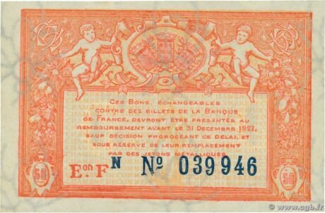 Реверс банкноты 50 centymów – Izba Handlowa w Bourges (Francja) 1922