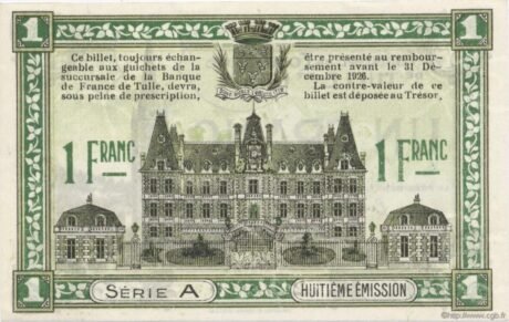 Реверс банкноты 1 франк - Торговая палата Тюль и Юссель Коррез (Франция) 1918 года
