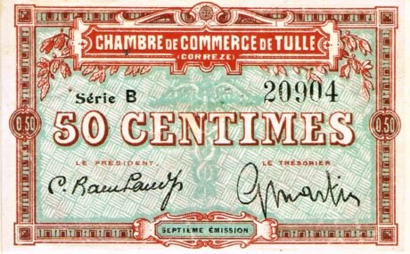 Аверс банкноты 50 centymów – Izba Handlowa w Tulle (Francja) 1923