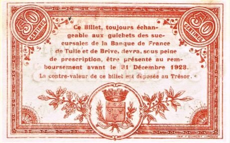 Реверс банкноты 50 centymów – Izba Handlowa w Tulle (Francja) 1923
