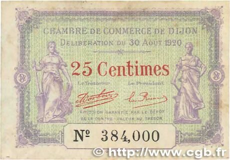 Аверс банкноты 25 centymów – Izba Handlowa w Dijon (Francja) 1920