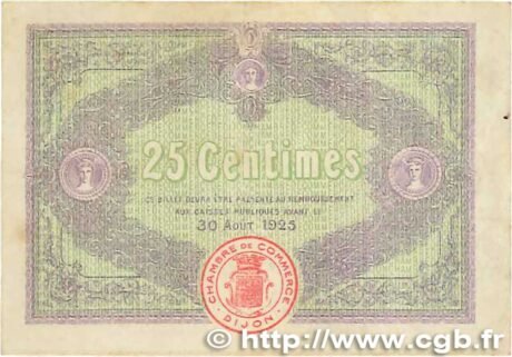 Реверс банкноты 25 centymów – Izba Handlowa w Dijon (Francja) 1920
