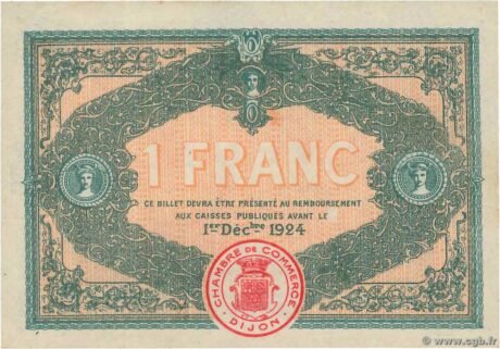 Реверс банкноты 1 frank – Izba Handlowa w Dijon (Francja) 1915