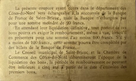 Реверс банкноты 50 centymów – Izba Handlowa w Saint-Brieuc, Côtes-du-Nord (Francja) 1918
