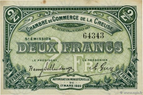 Аверс банкноты 2 франка - Торговая палата Креза (Франция) 1920 года