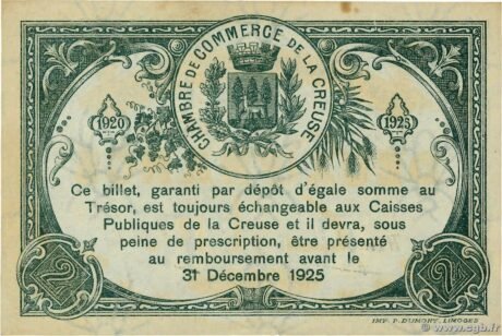 Реверс банкноты 2 франка - Торговая палата Креза (Франция) 1920 года