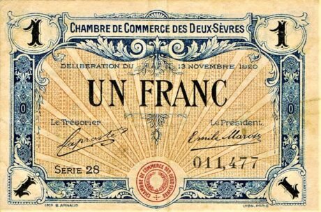 Аверс банкноты 1 франк - Торговая палата Дез-Севр (Франция) 1920 года
