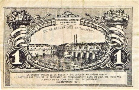 Реверс банкноты 1 франк - Торговая палата Бержерака (Франция) 1921 года