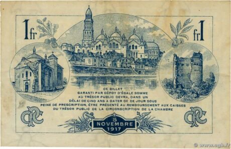 Реверс банкноты 1 франк - Торговая палата Периге (Франция) 1917 года