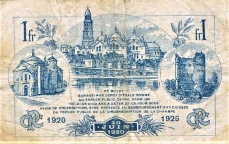 Реверс банкноты 1 франк - Торговая палата Периге (Франция) 1920 года