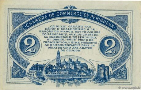 Реверс банкноты 2 франка - Торговая палата Безансона и дю Ду (Франция) 1916 года