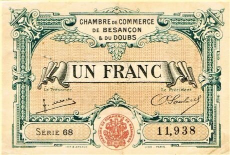 Аверс банкноты 1 франк - Торговая палата Безансона и дю Ду (Франция) 1925 года