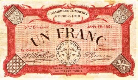 Аверс банкноты 1 франк - орговая палата Эр и Луар (Франция) 1921 года