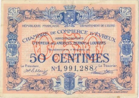 Аверс банкноты 50 centymów – Izba Handlowa w Evreux (Francja) 1921