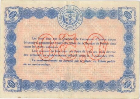 Реверс банкноты 50 centymów – Izba Handlowa w Evreux (Francja) 1921