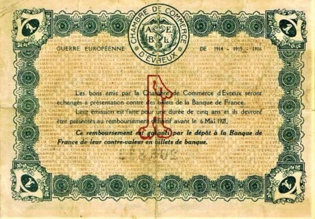 Реверс банкноты 1 frank – Izba Handlowa w Evreux (Francja) 1916