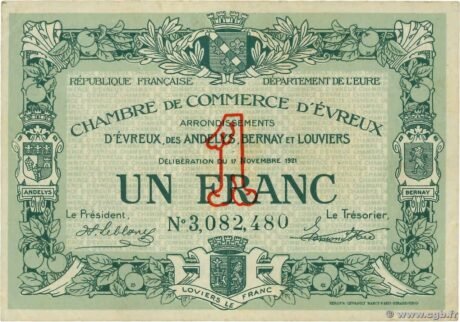 Аверс банкноты 1 франк - Торговая палата Эвре (Франция) 1921 года
