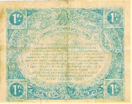 Реверс банкноты 1 франк - Торговая палата Нима (Франция) 1915 года