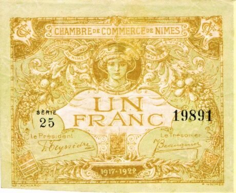 Аверс банкноты 1 франк - Торговая палата Нима (Франция) 1922 года