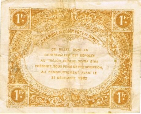 Реверс банкноты 1 франк - Торговая палата Нима (Франция) 1922 года