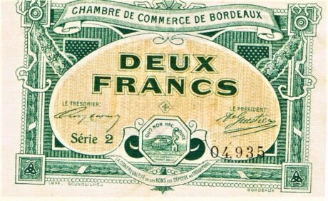 Аверс банкноты 2 франка - Торговая палата Бордо (Франция) 1917 года