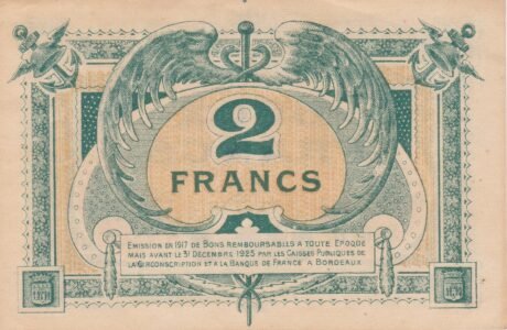 Реверс банкноты 2 франка - Торговые палаты Бордо (Франция) 1917 года