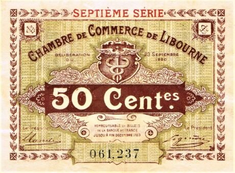 Аверс банкноты 50 сантимов - Торговая палата Либурна (Франция) 1920 года