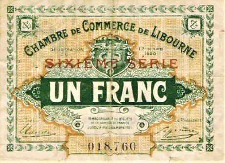 Аверс банкноты 1 франк - Торговая палата Либурна (Франция) 1920 года