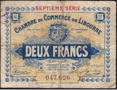 Аверс банкноты 2 франка - Торговая палата Либурна (Франция) 1920 года