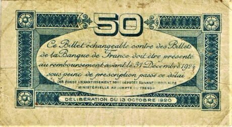 Реверс банкноты 50 centymów – Izba Handlowa w Tuluzie (Francja) 1920