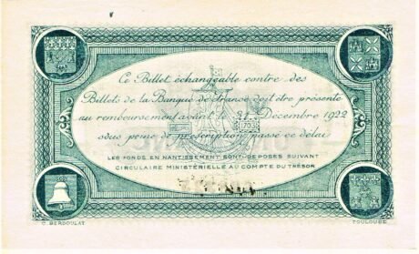 Реверс банкноты 1 франк - Торговая палата Тулузы (Франция) 1917 года