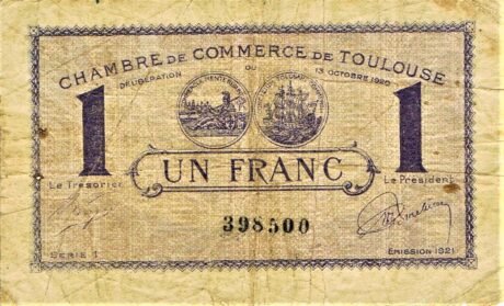 Аверс банкноты 1 франк - Торговая палата Тулузы (Франция) 1920 года