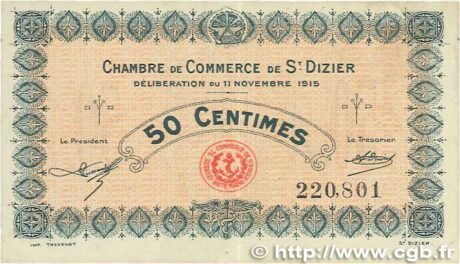 Аверс банкноты 50 centymów – Izba Handlowa w Saint-Dizier (Francja) 1915