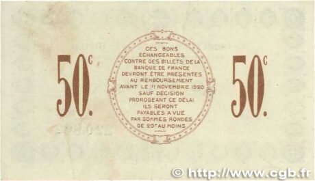 Реверс банкноты 50 centymów – Izba Handlowa w Saint-Dizier (Francja) 1915