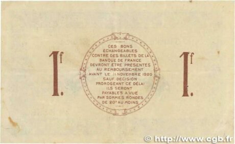 Реверс банкноты 1 франк - Торговая палата Сен-Дизье (Франция) 1915 года