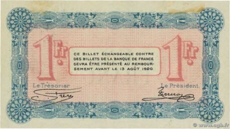 Реверс банкноты 1 франк - Торговая палата Аннеси (Франция) 1915 года