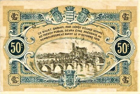 Реверс банкноты 50 сантимов - Торговая палата Лиможа (Франция) 1919 года