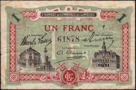 Аверс банкноты 1 франк - Торговая палата Лиможа (Франция) 1923 года