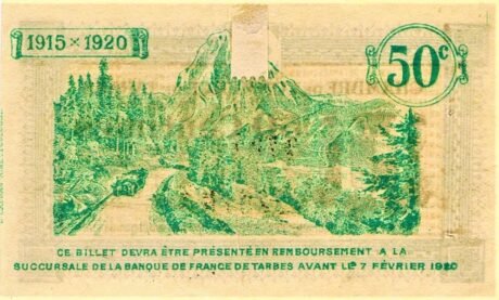 Реверс банкноты 50 centymów – Izba Handlowa w Tarbes (Francja) 1915