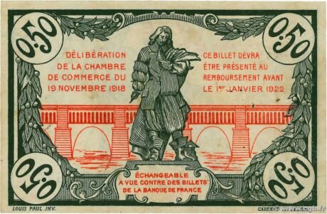 Реверс банкноты 50 сантимов - Торговая палата Безье (Франция) 1918 года