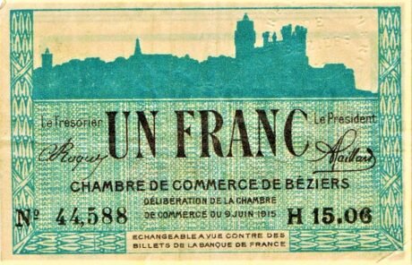 Аверс банкноты 1 франк - Торговая палата Безье (Франция) 1915 года