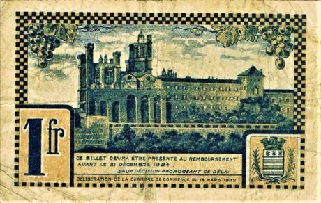 Реверс банкноты 1 франк - Торговая палата Безье (Франция) 1922 года