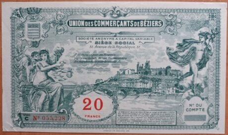 Аверс банкноты 20 franków – Izba Handlowa w Béziers (Francja) 1920