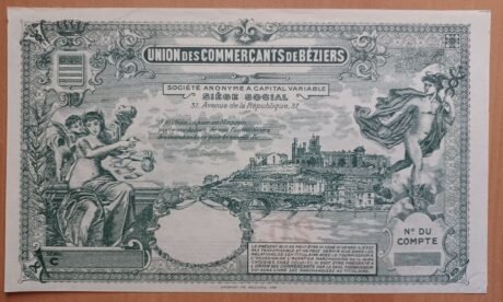 Реверс банкноты 20 franków – Izba Handlowa w Béziers (Francja) 1920