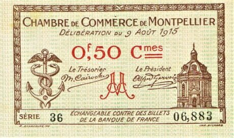 Аверс банкноты 50 сантимов - Торговая палата Монпелье (Франция) 1915 года