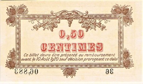 Реверс банкноты 50 сантимов - Торговая палата Монпелье (Франция) 1915 года